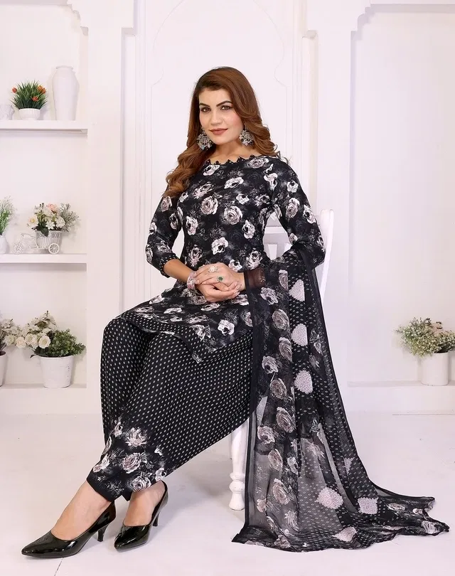 Crepe Floral Punjabi Suits for Women (Black, Black)