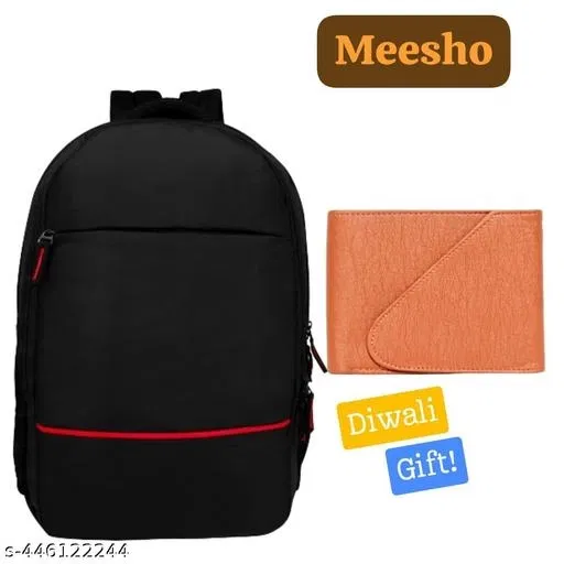 Polyester Backpack with Wallet for Men, Black, Set of 2