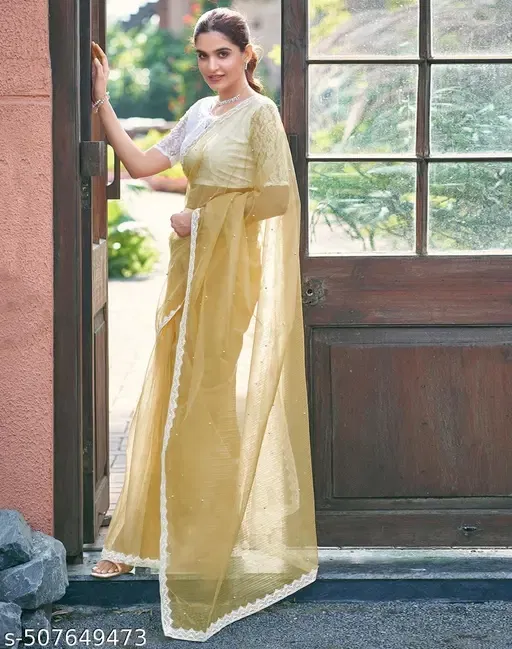Net Embellished Saree for Women (Beige)