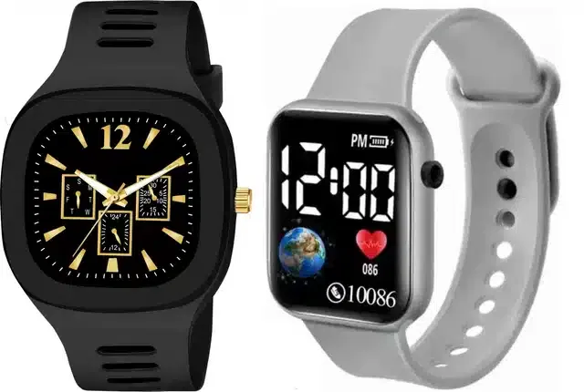 Analog with Smartwatch Combo for Men (Black & Grey, Pack of 2)