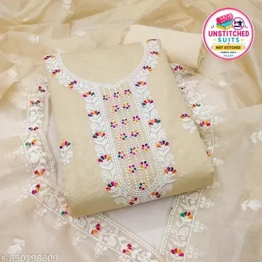Chanderi Cotton Embroidered Unstitch Dress Material for Women (Cream)