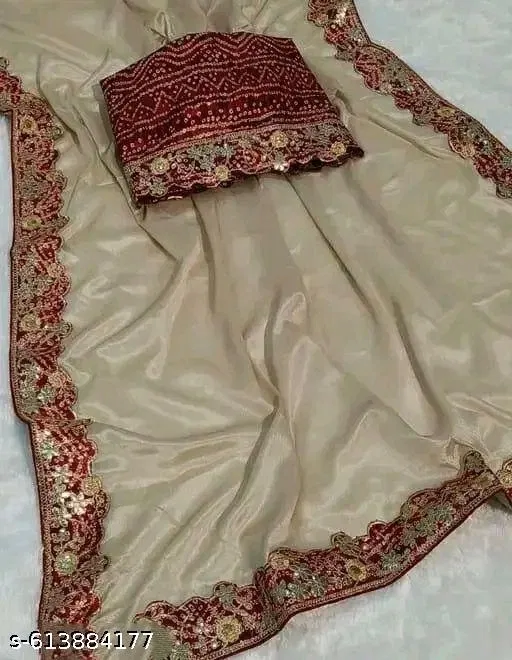 Chiffon Embroidered Saree for Women, Beige (6.3 m)