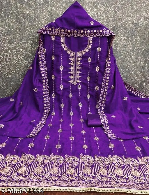 Vichitra Silk Punjabi/All Over Suits Semi-Stitched Suits (Lavender, 6.05 meter for Women (M)