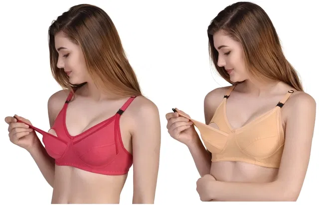 Cotton Blend Solid Non Padded Feeding Bras for Women (Multicolor, 2XL) (Pack of 2)