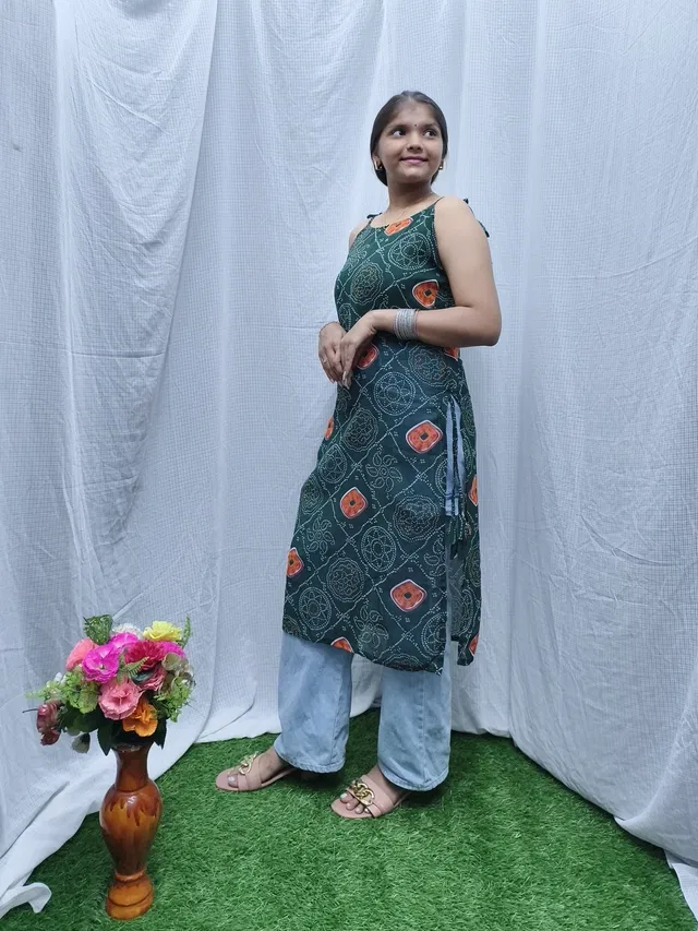 Tie Up Sleeveless Kurti for Women (Green, XXL)