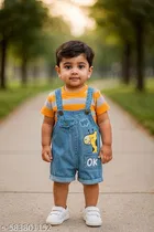 Hosiery Cotton & Denim Printed Clothing Set for Kids, Orange & Blue 