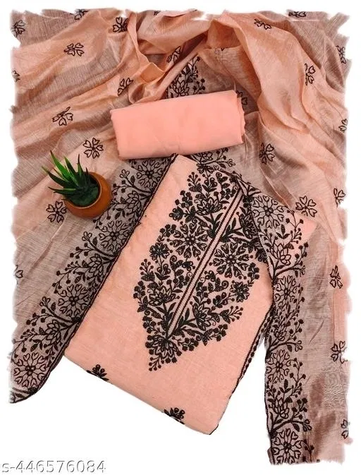 Cotton Chanderi Unstitched Suit for Women (Orange, Free Size)