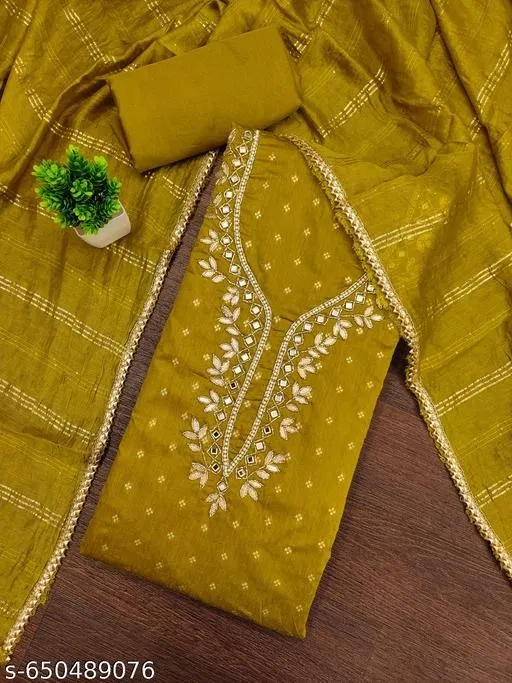Chanderi Cotton Punjabi/All Over Suits Semi-Stitched Suits (Yellow, 6.85 meter for Women (3XL)