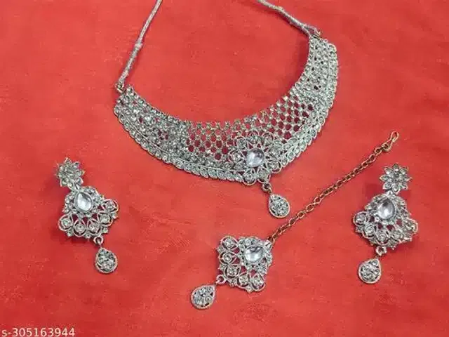 Alloy Necklace with Earrings & Maangtika for Women (Silver, Set of 1)
