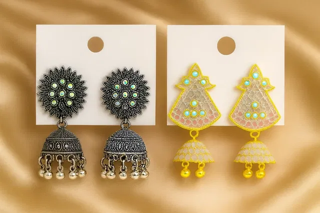 Women's Antique Peacock Jhumka Earring Set - Silver & Gold Finish (Pack of 2)