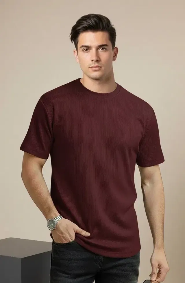 Polyester Solid T-Shirt for Men, Wine (L)