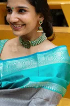 Litchi Silk Zari Woven Saree for Women, Grey & Blue 
