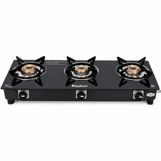 Khaitan 3 Burner BP-GIO MS Black Toughened Glass Glass Manual Gas Stove (3 Burners)