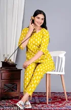 Women's Yellow Cotton Printed Night Suit Top and Pyjama Co-ord Sets 