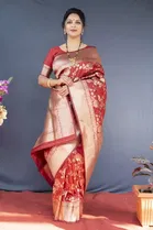 Litchi Silk Zari Woven Saree for Women, Maroon 