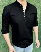 Cotton Blend Solid Short Kurta for Men, Black 