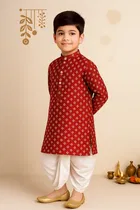 Dupion Silk Printed Kurta with Dhoti for Boys, Maroon & White 