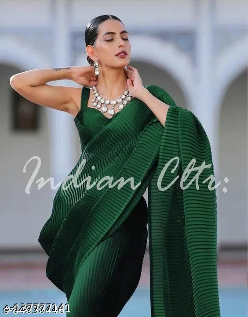 Crushed Satin Party Wear Saree for Women (Green)
