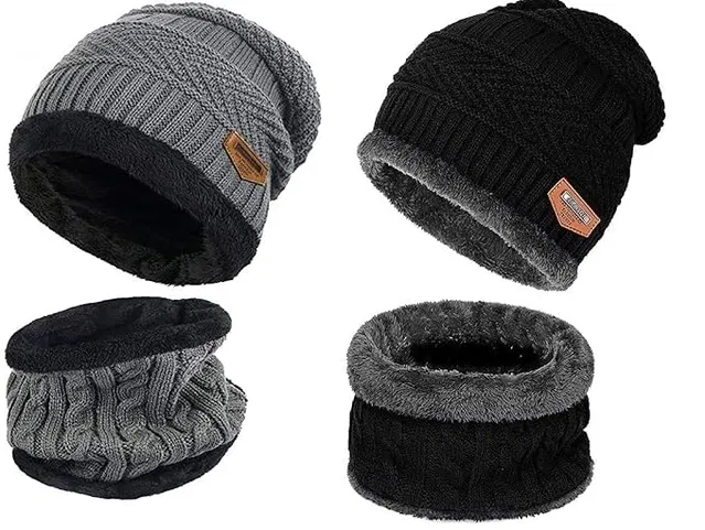 Woolen Beanie Cap with Neck Warmer for Men & Women (Grey & Black, Free Size) (Set of 2)