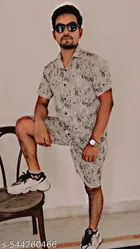 Rayon Printed Top & Bottom Set for Men, Beige 
