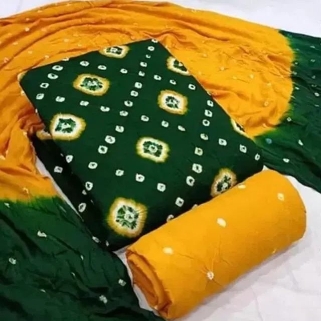 Rayon Bandhani Unstitched Suits Fabric for Women (Yellow & Green)