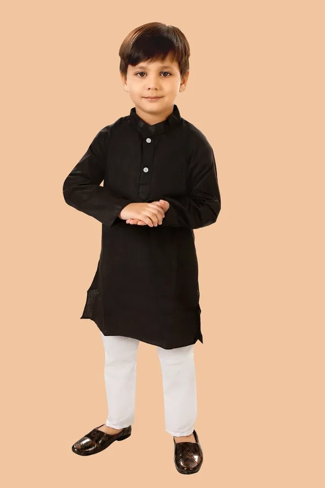 Cotton Blend Solid Kurta with Payjama for Boys, Black & White (3-6 Months)