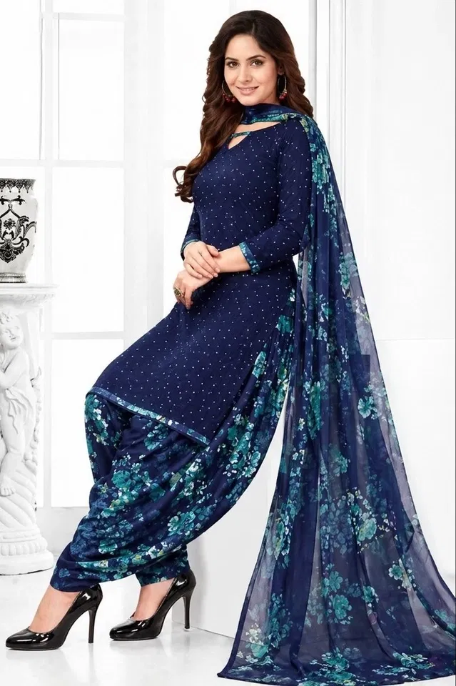 Punjabi Floral Suit for Women (Blue, Blue)