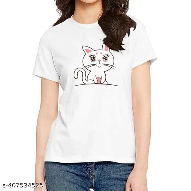 Cotton Round Neck Printed T-Shirt for Women (White, XL)