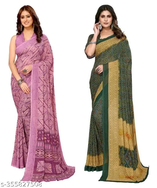 Designer Printed Georgette Saree for Women, Pack of 2 (Multicolor, Free Size)