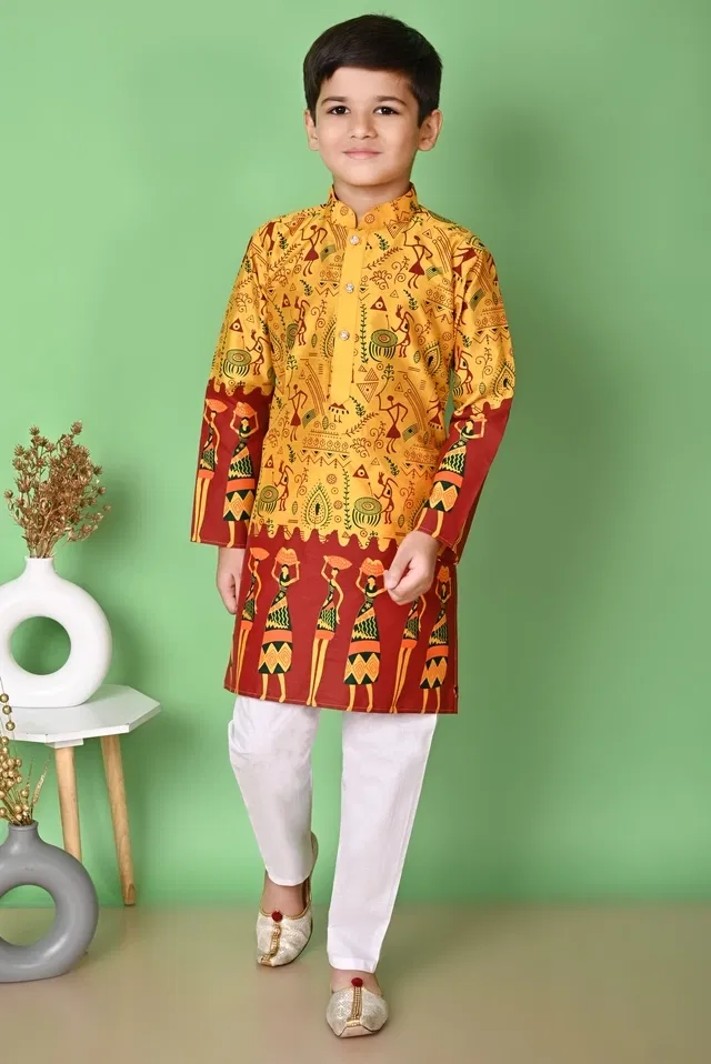 Dupion Silk Printed Kurta with Payjama for Boys, Yellow & White (5-6 Years)