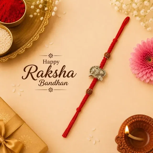 Designer Silver Finish Rakhi, Red