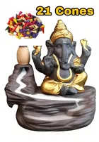 Poly Resin Ganeshji Idol Smoke Fountain with 21 Pcs Backflow Incense Cones (Brown & Gold, Set of 2)