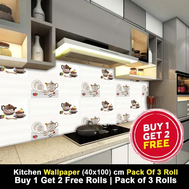 Vinyl Wallpaper for Kitchen Wall (Multicolor, 100x40 cm) (Pack of 3)