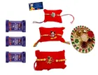 Combo of 3 Pcs Rakhi, 4.5 inch Plate, Greeting Card, Roli Chawal & 3 Pcs Chocolate 