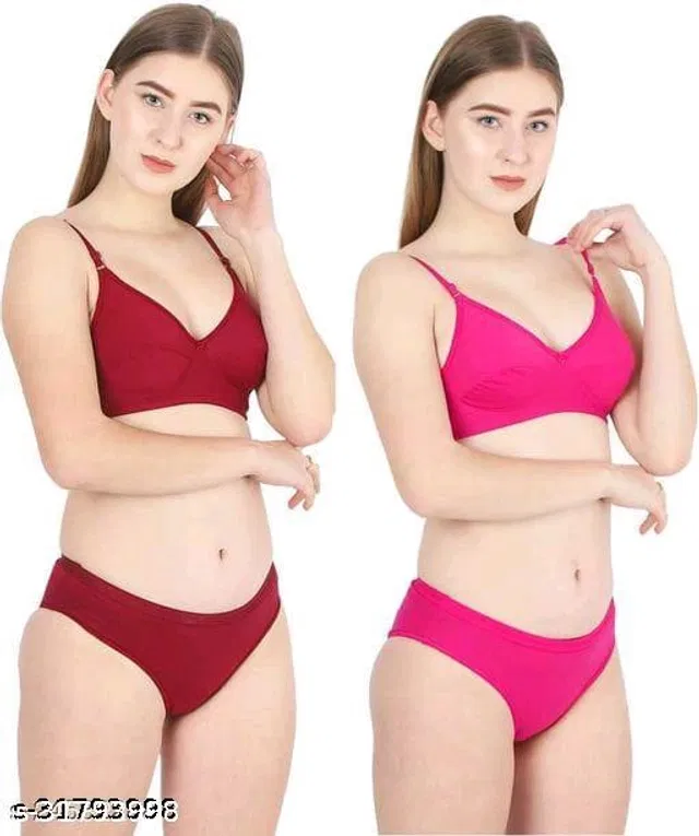 Cotton Blend Solid Lingerie Set for Women (Multicolor, 34A) (Pack of 2)