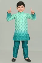 Dupion Silk Printed Kurta with Payjama for Boys, Sea Green 