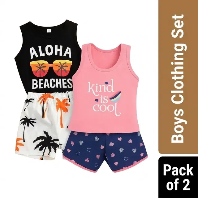 Cotton Blend Printed Clothing Set for Boys, Combo Pack of 2, Black & Peach & Blue, 4-5 Years