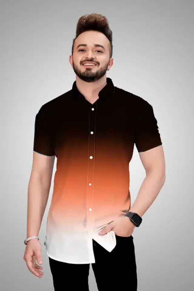 Men's Color Block Short Sleeves Shirt (Orange, M)