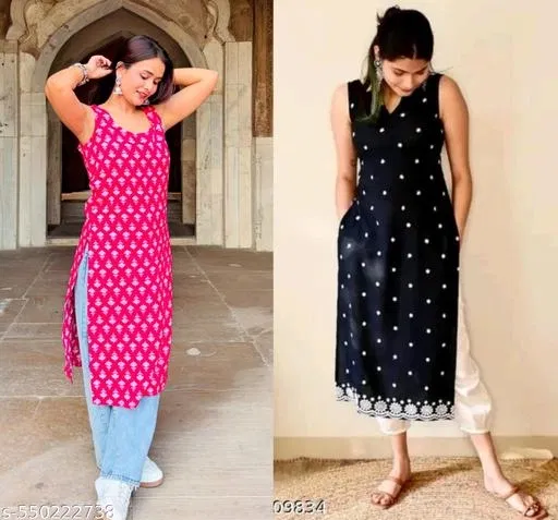 Micro Printed Cotton Kurti for Women, Pack of 2 (Black, XS)