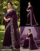 Georgette Solid Saree For Women, Purple