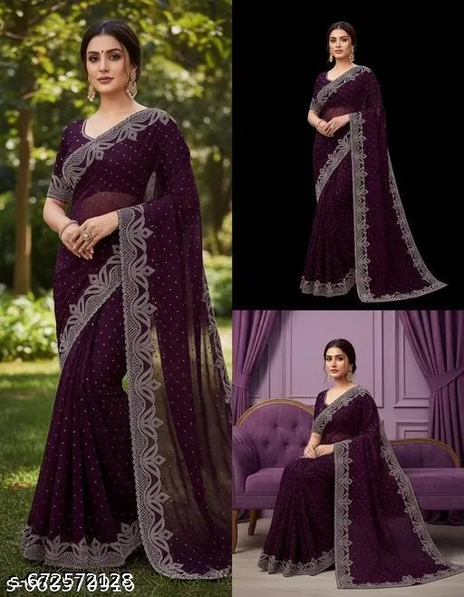 Georgette Solid Saree For Women, Purple
