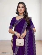 Chiffon Solid Saree For Women, Purple