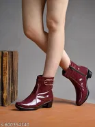Shoetopia Solid Patent Leather Heeled Boots Red 