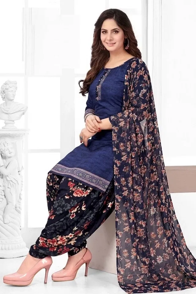 Crepe Floral Punjabi Suits for Women (Blue, Blue)