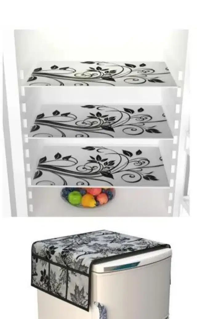Knit Printed Fridge 3 Pcs Mat with Top Cover (Black, Set of 1)