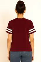 Women's Casual Wear Striped sleeves Regular Fit T-shirt Wine Style-4 