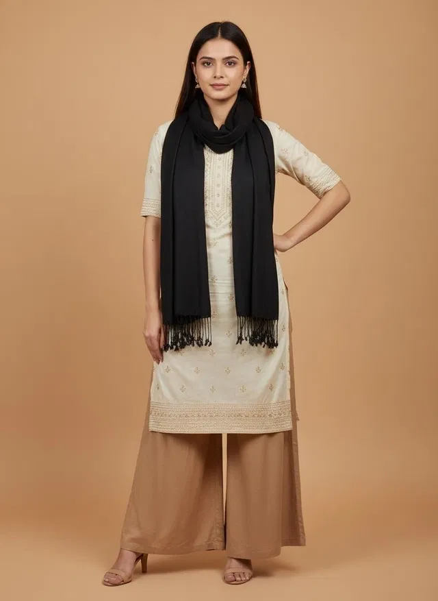 WOMEN VISCOSE PASHMINA WEAVE SOLID SCARF (Black)