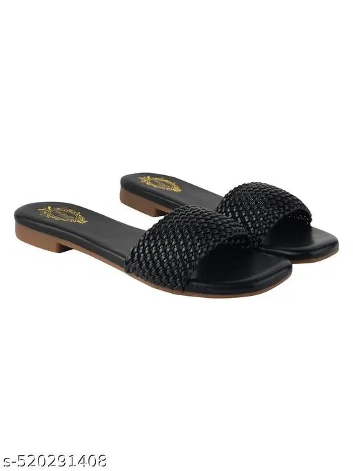 Shoetopia Solid Black Comfort Open Toe Sandals (Size: IND-4)