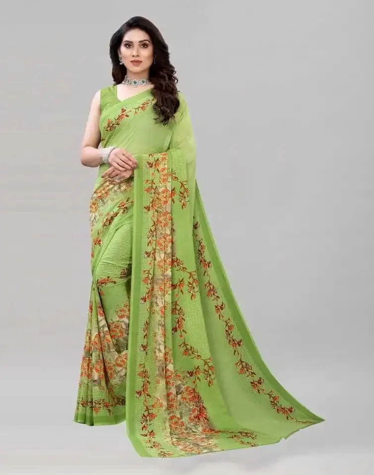 कनूड़ा फैंसी विमेंस जॉर्जेट फ्लावर प्रिंटेड साड़ी (ग्रीनn) (K-05)