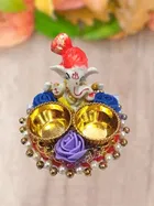 Metal Decorative Ganpati Haldi Kumkum Stand with 2 Roli Chawal Holder, Multicolor